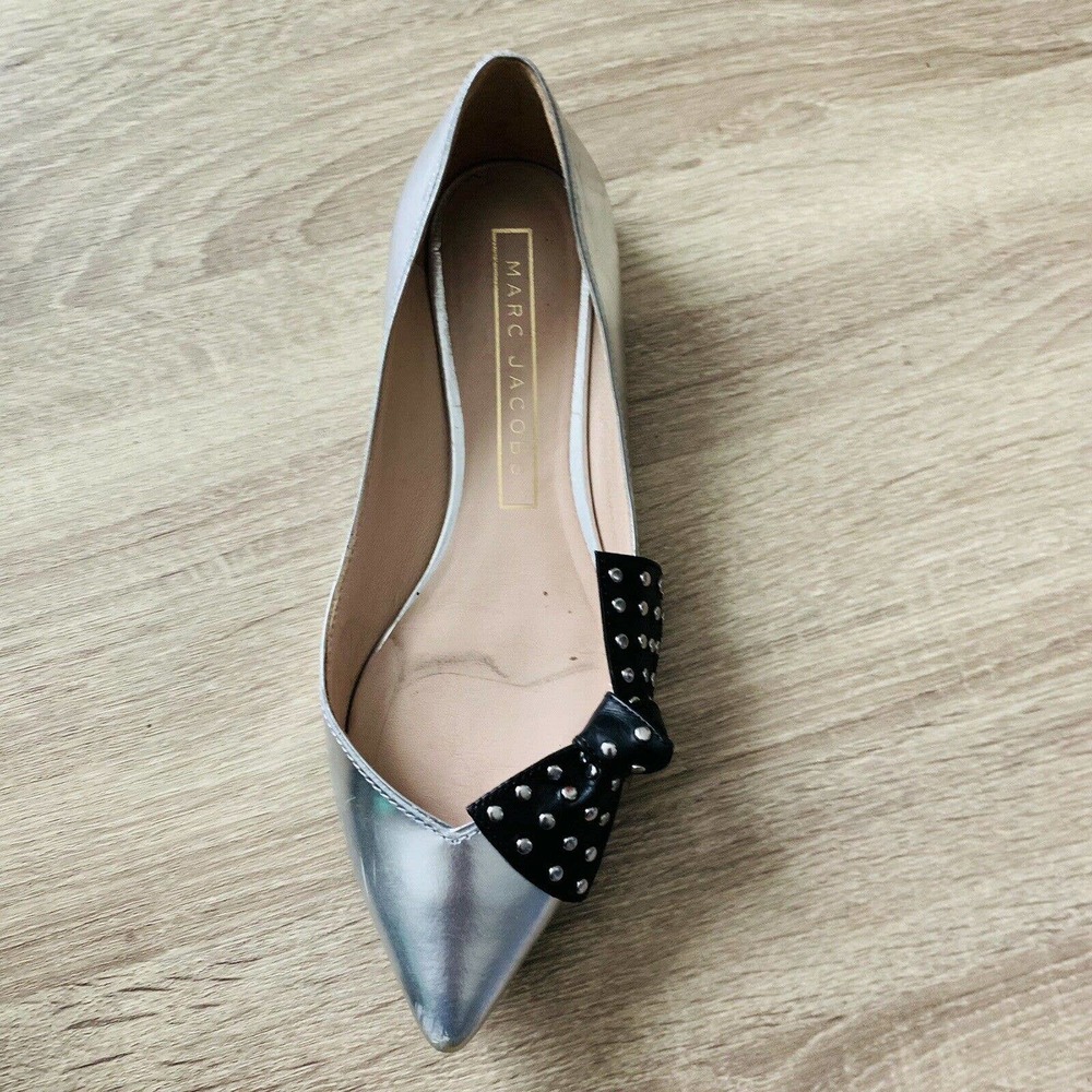 Marc Jacobs Metallic Silver Rita Black Studded Bow Ballerina Flats - Picture 4 of 5